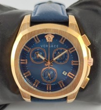 Luxury Versace Quartz Chronograph Blue Dial 'Date' Men Wristwatch Leather Band