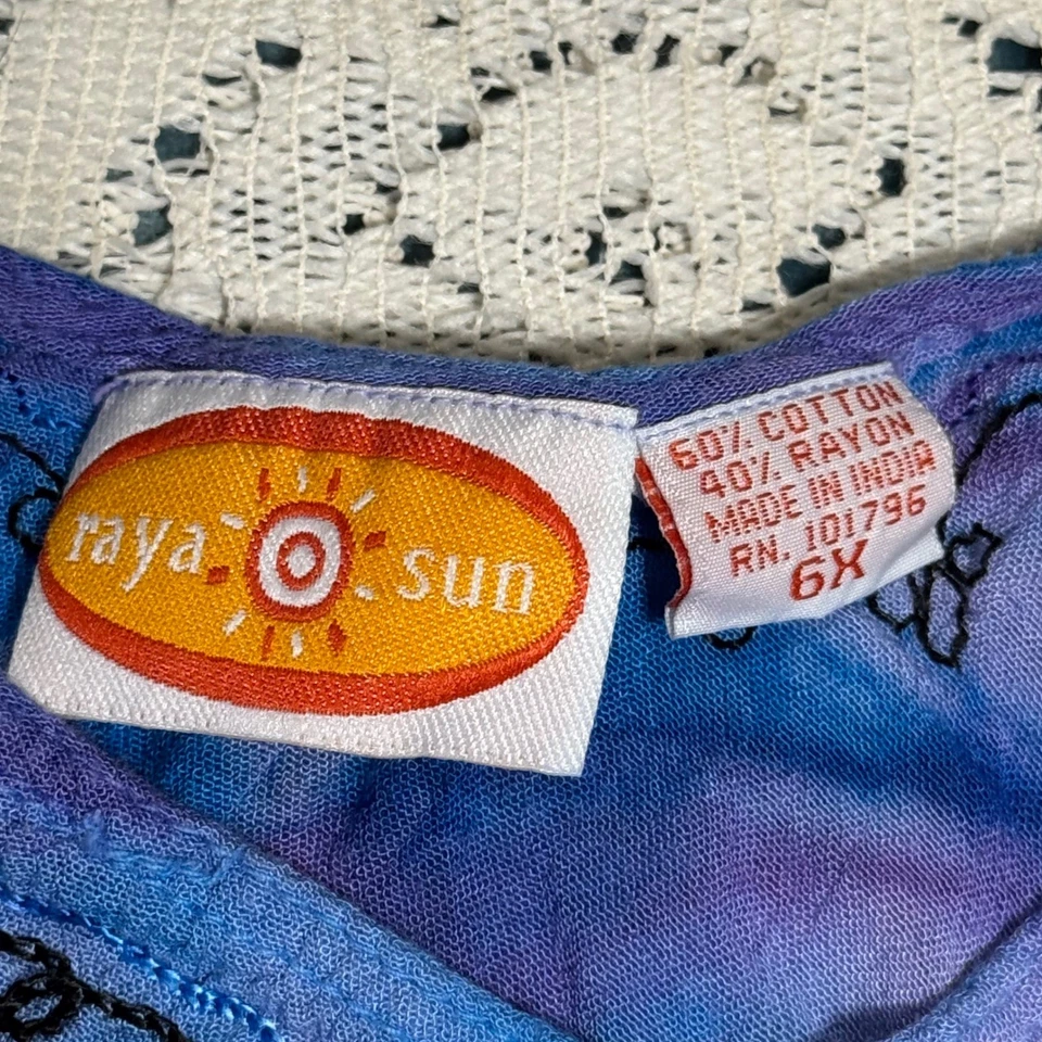 Vestido Raya & Sun Niños Niñas Tie Dye 6X Azul Púrpura Bordado Gasa Volantes Dobladillo Foto 3 de 4