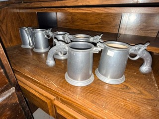 Set of 6 Pewter Tankards with Ornate Decorative Metal Handles Collectible Mugs