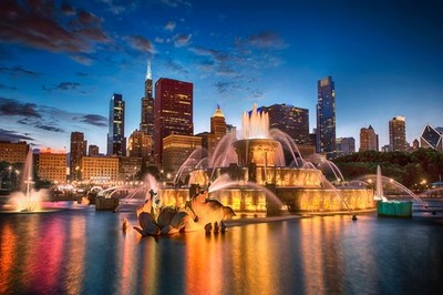 Buckingham Fountain Chicago Illinois at Twilight Photo Art Print Poster 18x12