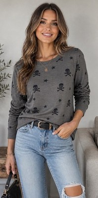 Chaser Skull and Stars Gray Black Lightweight Soft Goth Rock Sweatshirt Sz XS