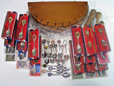 36 State/City Souvenir Spoons and Hanging Wooden Wall Display Rack