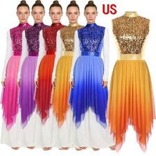 US Women Sequin Praise Dress Asymmetric Overlay Liturgical Lyrical Dancewear