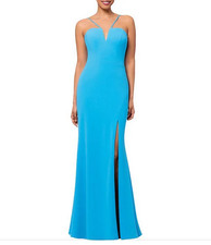 Xscape Scuba Crepe Split V Neck Sleeveless Sheath Gown Dress     Dark Aqua