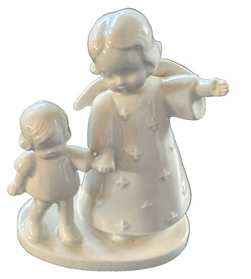 GOEBEL GUARDIAN ANGEL w/ CHILD Glossy White Hummel 4''Full Bee HX84 1950's