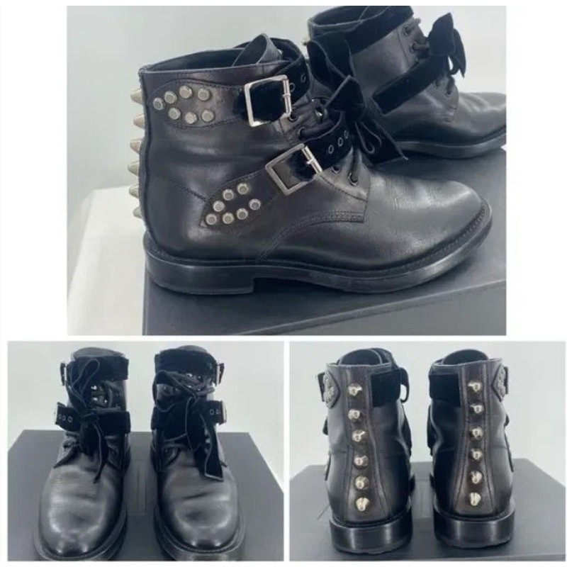 Stivaletti da combattimento SAINT LAURENT Spike borchie in pelle nera Yves Saint Laurent