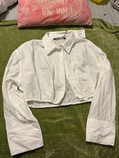 ZARA Women's White Cropped Button-Up Collared Long Sleeve Shirt Regular Size S