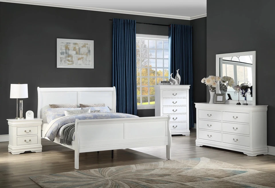 Cama trineo Queen: madera maciza Louis Philippe blanca Foto 3 de 4