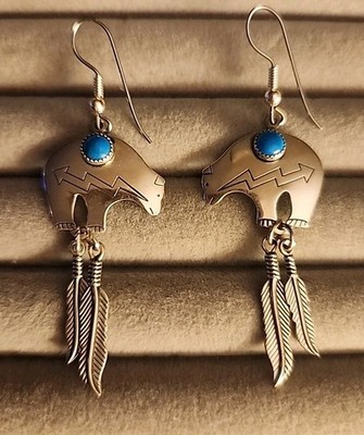 Native American Spirit Bear Turquoise Dangle Sterling Earrings Wilbert Muskett 