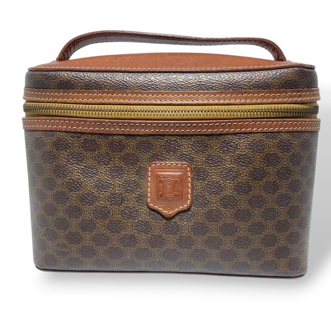 CELINE Macadam Canvas Vanity Pouch Brown Leather Zipper Women's