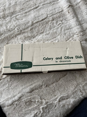 #ad Vintage Milbern Celery and Olive Dish in Chromium Wood Base Original Box $15.00