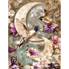 Hummingbird Moon Floral | A4 Mulberry Rice Paper | Paper for Decoupage