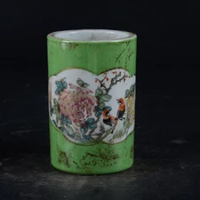 4.7" Collect China Porcelain Green Glaze Flower Bird Grain Circular Brush Pot