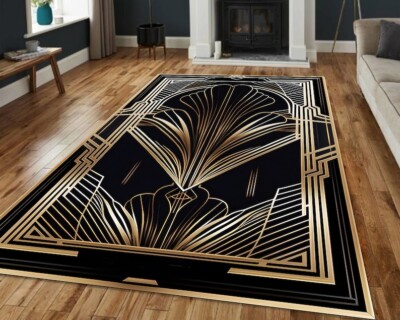 Black Gold Rug, Gold Striped Rug, Art Deco Rug, Gatsby Rug, Gold Lined Rug, Gold