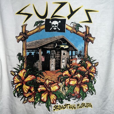 Suzy s Tiki Bar Motorcycle Sebastian Florida T Shirt Size Medium White