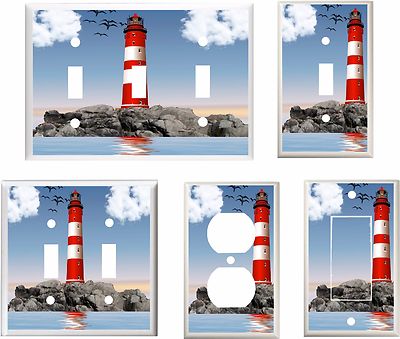 LIGHTHOUSE  RED WHITE  OCEAN REFLECTIONS  LIGHT SWITCH COVER PLATE YOU PICK SIZE