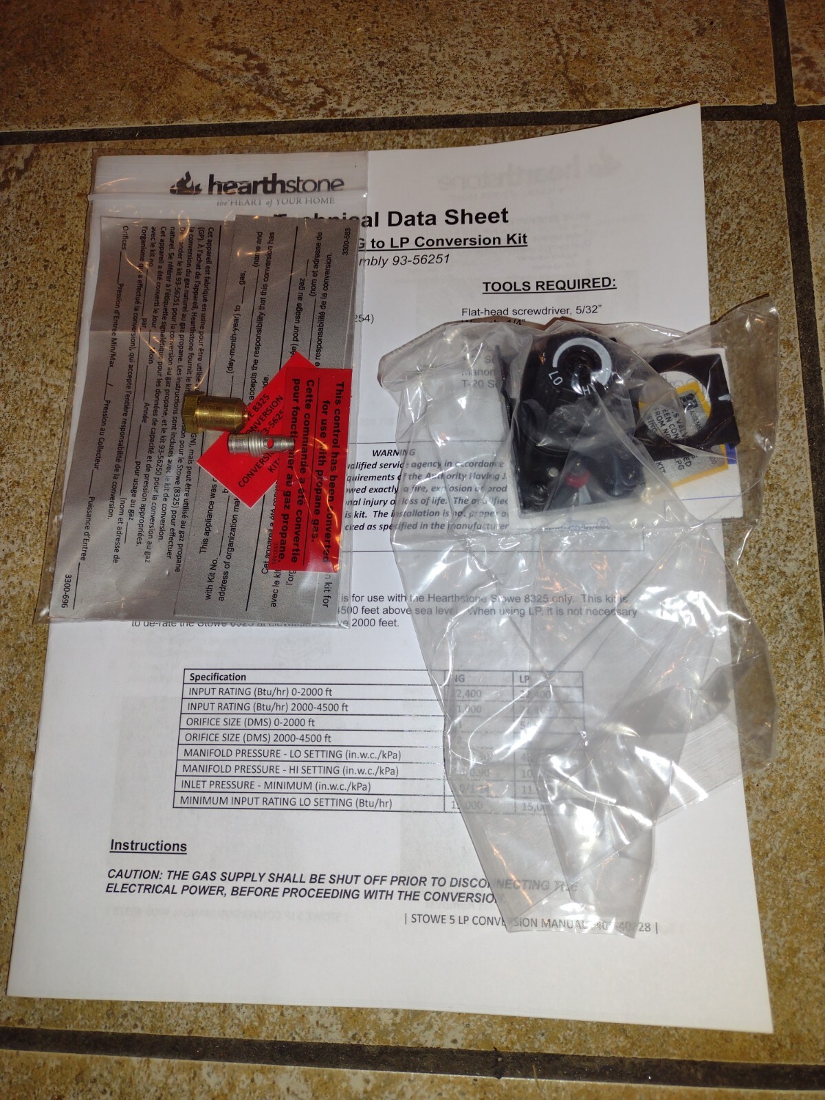 Hearthstone Stowe Direct Vent Stove 8325 NG to LP Conversion kit 93