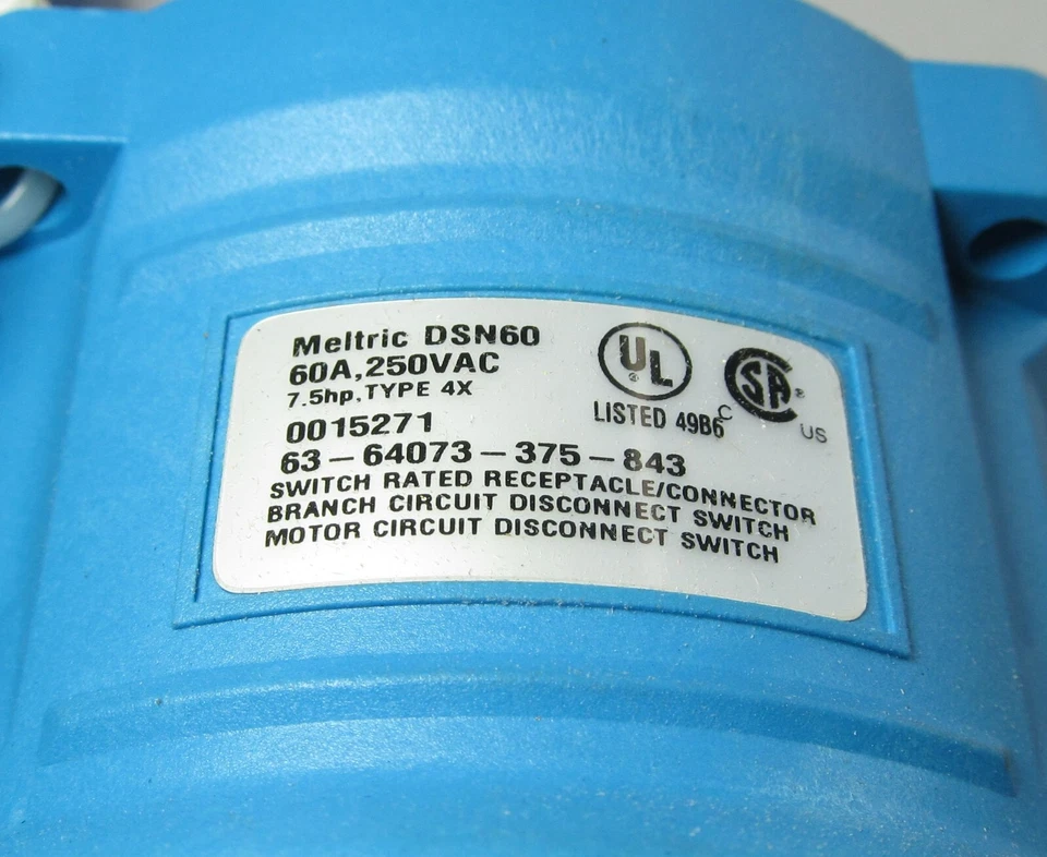 NOVO RECEPTÁCULO MELTRIC 63-64073-375-843 DSN60 60A 3P+G 250VAC 7.5-HP TIPO 4X - Imagem 2 de 4