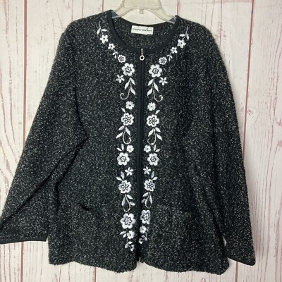 Cathy Daniels Women s 2X Black Tweed Full Zip Cardigan Sweater Embroidery Sequin
