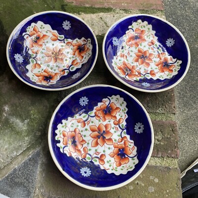 3 Antique GAUDY Welsh  Tricorn Pattern  SAUCERS bowls china 