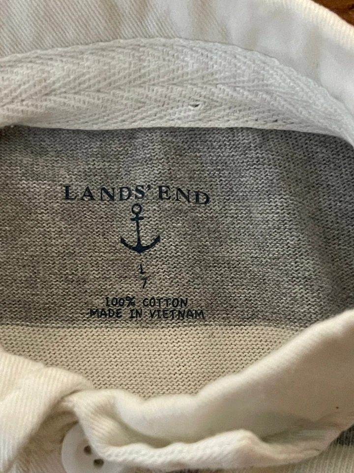 Camisa polo de rugby LANDS' END juvenil masculina 7/L 100% algodão listrada cinza/marfim G/S - Imagem 3 de 4