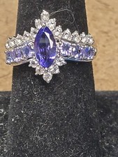 Blue Tanzanite And White Topaz Rhodium Over Sterling Silver Ring 2.07ctw Size 8