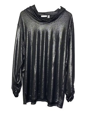 Susan Graver Tunic Knit Top Metalic Shimmery Cowl Neck Ruch Sleeve Size 2xl