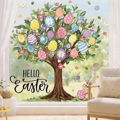 6 Sheets Extra Large Easter Egg Tree Window Clings 31.5 Inch,Rabbit Flowers Stic