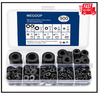 #ad #ad 900 Piece Nylon Flat Washer Assortment Kit Black Plastic Flat Washers for Bolts $10.00