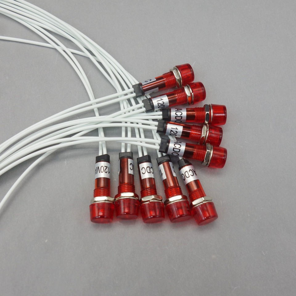 10Pcs 120V AC/DC 10mm RED Mini LED Pilot Lights CYLINDRICAL Cap with ...