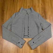 Zara Womens Cropped Houndstooth Jacket Funnel Neck Black Cream Size S 7385/016