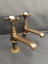 LARGE LONG REACH AGED BRASS BASIN TAPS, 12 CM SPOUT RECLAIMED & RECONDITIONED D1