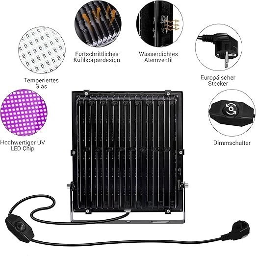 OTeedo UV Schwarzlicht 200W – Dimmbar IP66 – LED Fluter 2er Set – Party Deko - Bild 2 von 4