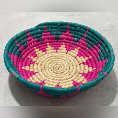 8'' Handcrafted Honduras Coiled Basket Natural/Hot Pink/Teal Excellent Condition