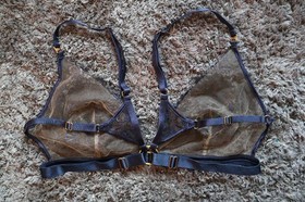 Bordelle Amaya Soft Triangle Bra Blue Navy Blk floral embroidered 24k Large NWOT