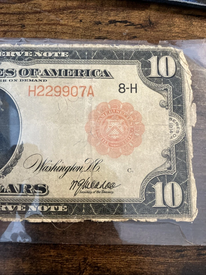 1914 $10 Federal Reserve Note, St. Louis, Large Size Circulated Red Seal H22907A - Image 2 of 4