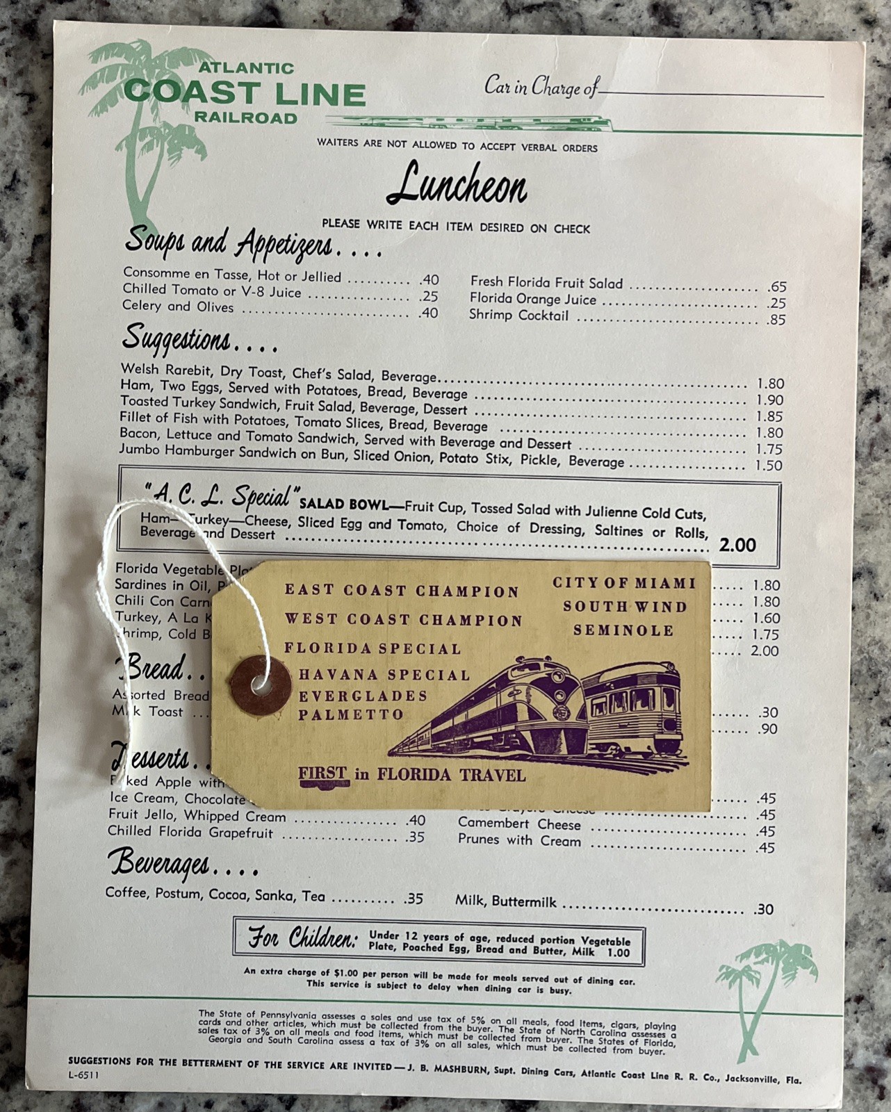 1965 Atlantic Coast Line RR Menu & Baggage Ticket ACL Lunch Train Dining Car