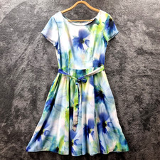 TARGET Womens Dress Size 10 Blue White Green Floral Short Sleeve A-line Tie