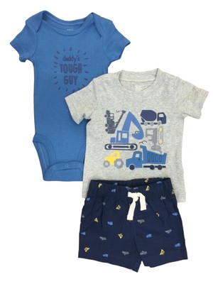 Carters Infant Boys 3pc Blue Tough Like Daddy Construction Shorts Set 3 Months