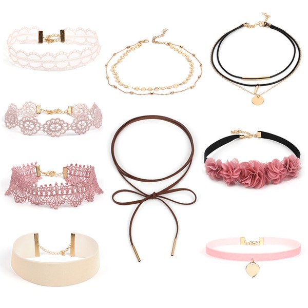 9 StüCk HalsbäNder Halsketten Damen MäDchen Kette Choker Set Blumen Herz Spitze-image