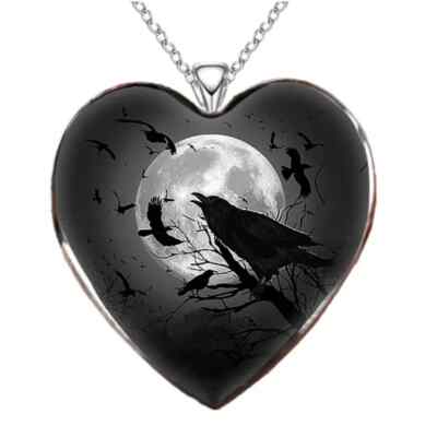 Gothic Style Black Crows Pattern Heart Pendant Necklace