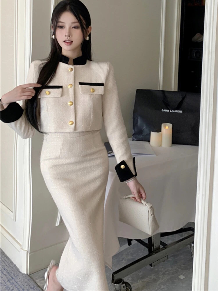 Two Piece Set Women Skirt 2023 Autumn Tweed Jacket Midi Pencil
