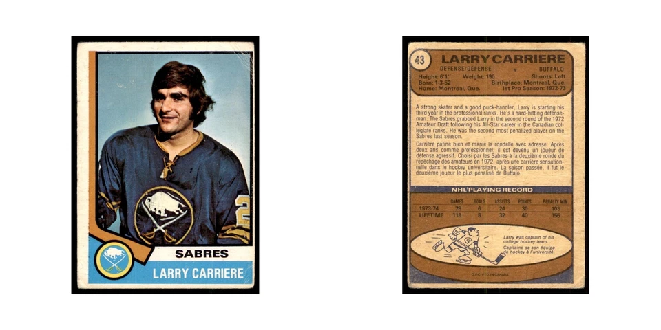 1974 O-Pee-Chee Larry Carriere (Damaged) Buffalo Sabres #43 - Image 3 of 3
