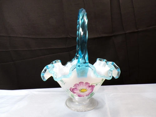 Fenton Painted Opal Iridescent Glass Basket Landmark Collection Pink Floral INV2
