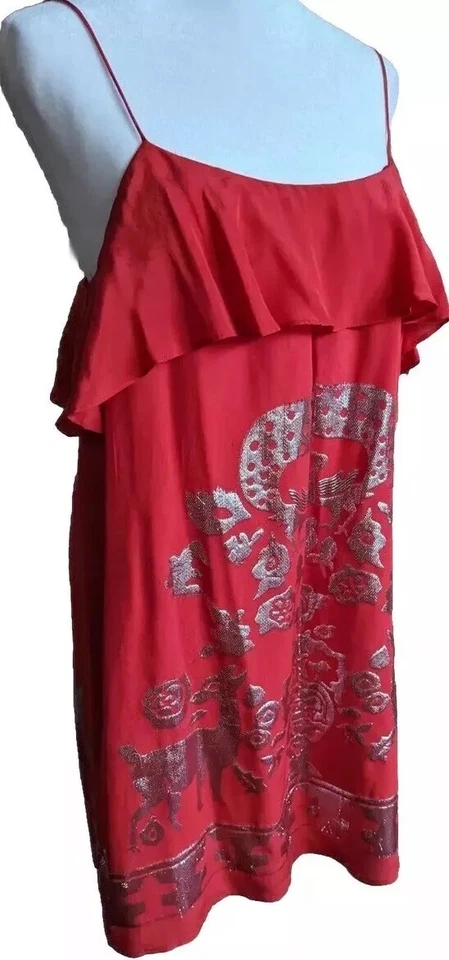 VOOM Joy Han Red Silk Babydoll Dress Women M Ruffle Mini Silver Brocade Y2k - Image 2 of 4