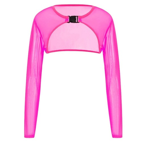 Women Sheer Mesh Rave Crop Top Long Sleeve Shrug Fishnet Cover Up with Buckle - Picture 16 of 32