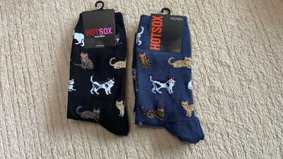 Hot Sox Ladies Cotton Blend Socks Cat Print Blue & Black -2 Pairs- NEW