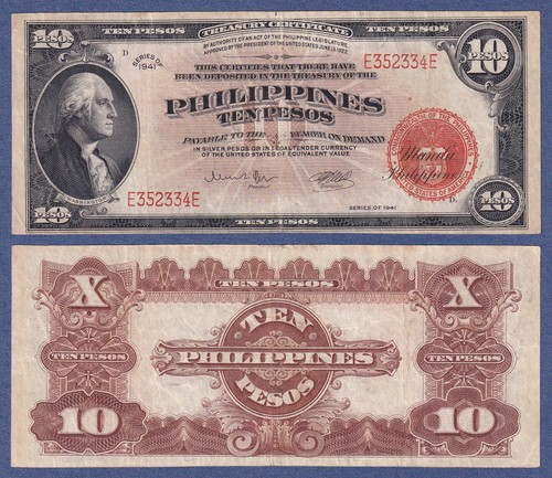 1941 Treasury Certificate US Philippines 10 Pesos WASHINGTON Banknote XF - Picture 4 of 4