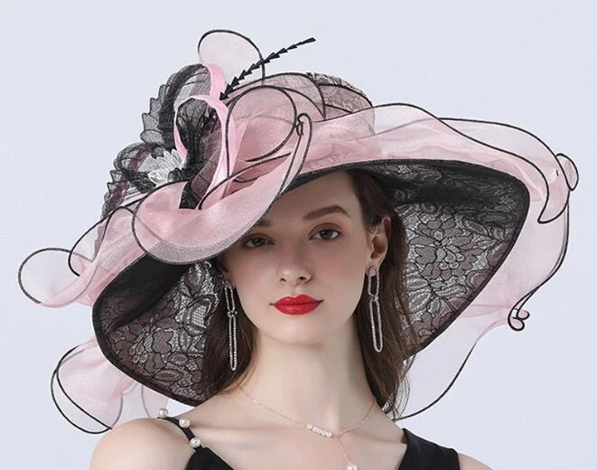 Women Wedding Party Summer Wide Lace Brim Dress big Floral Flax hat date
