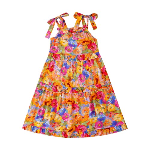 Kids Girls Ruffles Boho Dress Summer A-Line Flower/Butterfly Print Self-Tie - Picture 20 of 26